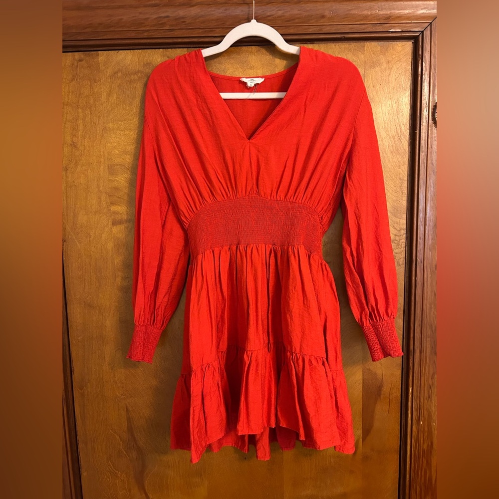 Red V-Neck Smocked Waist Dress
